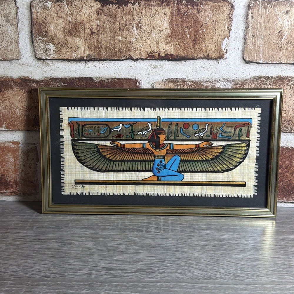 Egyptian Papyrus Goddess Isis Hand Painted Signed Glass Framed Art Made in Egypt
